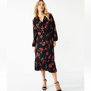 Draper James Black Midi Wrap Dress with Red Floral Print